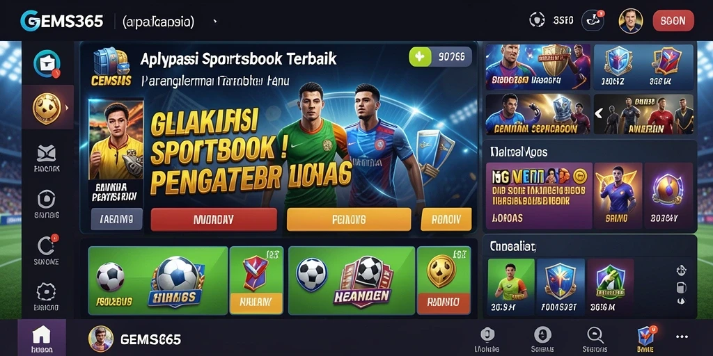 Screenshot GEMS365 menampilkan antarmuka Sportsbook yang menarik.