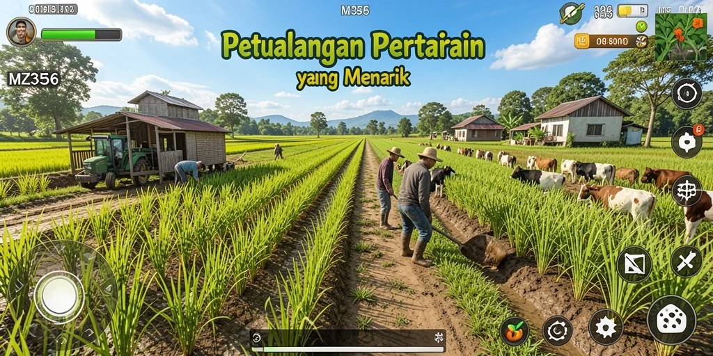 Tangkapan layar utama MZ356 menampilkan ladang yang indah dan aktivitas bertani.