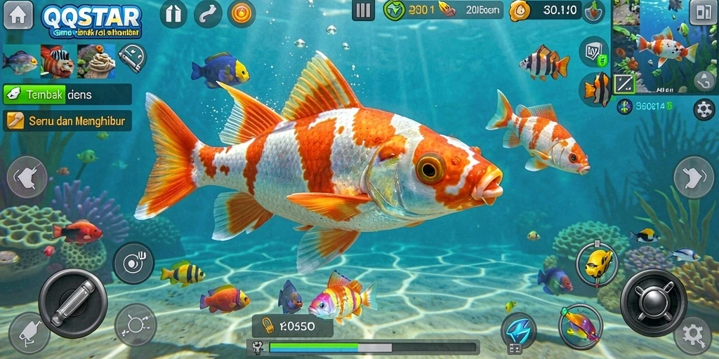 Screenshot gameplay QQSTAR yang menampilkan aksi tembak ikan yang seru.