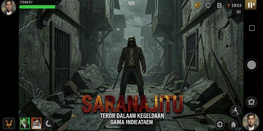 Screenshot gameplay SARANAJITU yang menampilkan suasana mencekam dan horor.